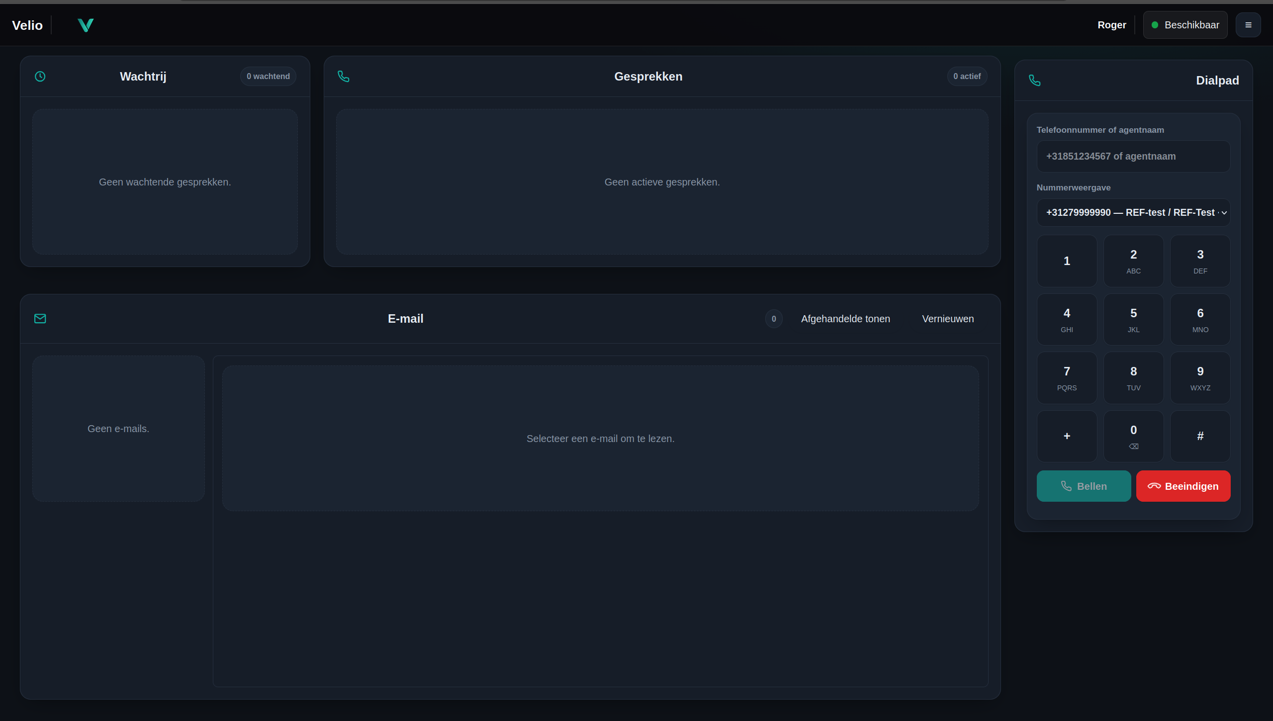 Velio agent dialpad en gesprekken overzicht